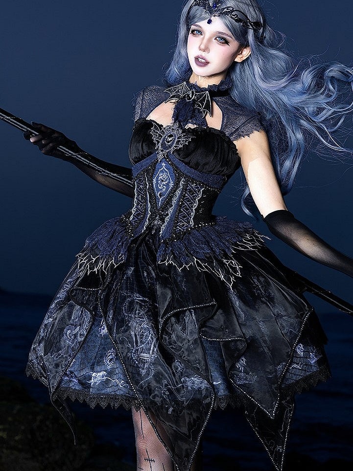 Black & Blue Bone Dragon Embroidery Halter Neck Gothic Lolita Dress Set - Ying Luo Fu