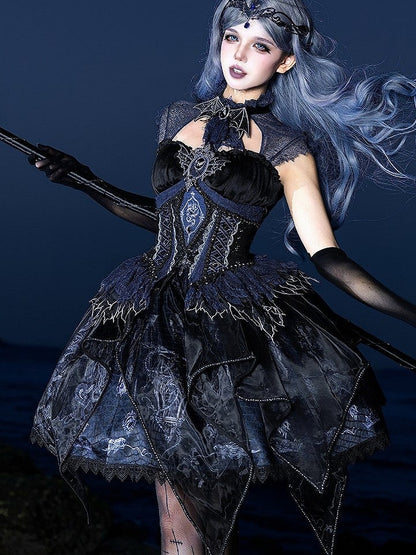 Black & Blue Bone Dragon Embroidery Halter Neck Gothic Lolita Dress Set - Ying Luo Fu