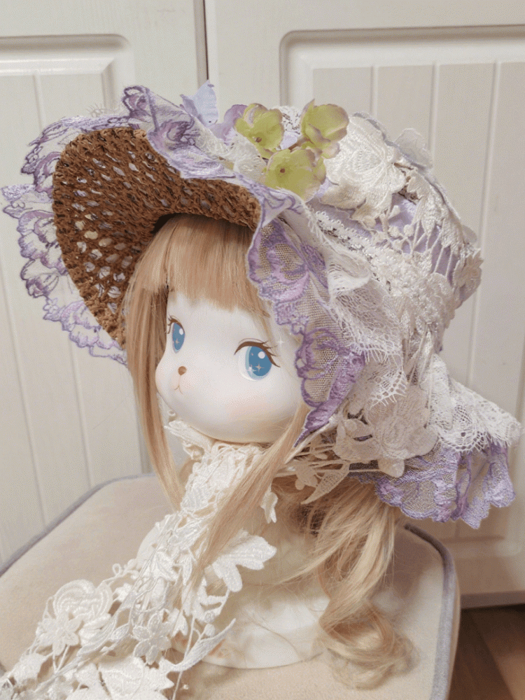 2 Lace Cluster Options Detail White-Purple Hat Straw Lolita Floral