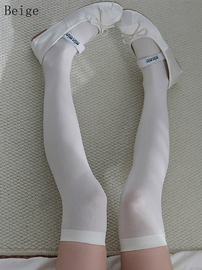 Ribbed Over-knee Sockings Trim Black/White/Beige/Gray