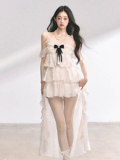 アプリコット カスケード ラッフル トリム ティアード ラッフル キャミ ドレス スカート ハイロー