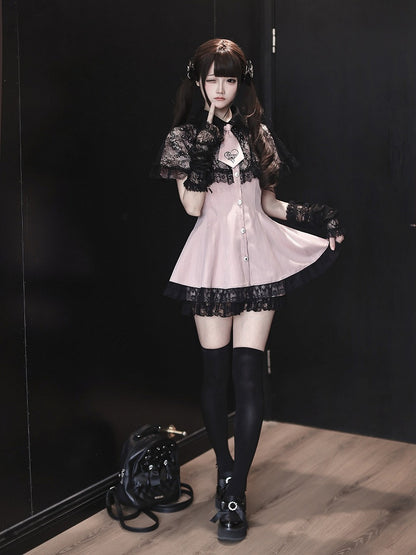 Stripe Dress Set with Lace Cape and Tie - Ekomi