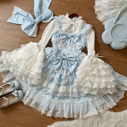 Pullover Schleifen Spitze Blau Rock Weiß Kleid Hanayome Trims Lolita Verziert