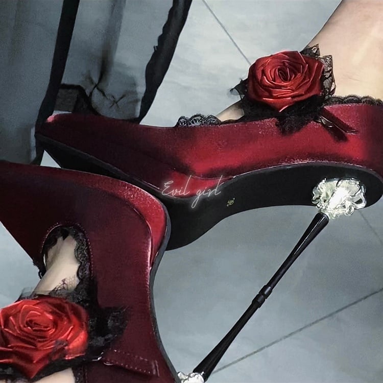 Satin Red Toe Floral High Decorated Heels Pointed Gothic