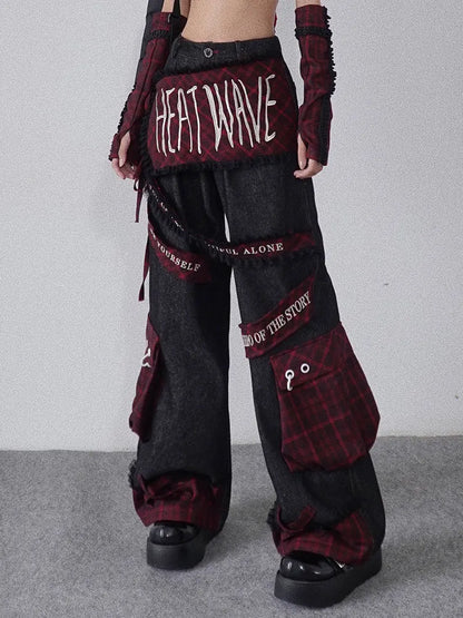 Plaid Black Cargo Pockets with Letters Jeans Embroidery Punk