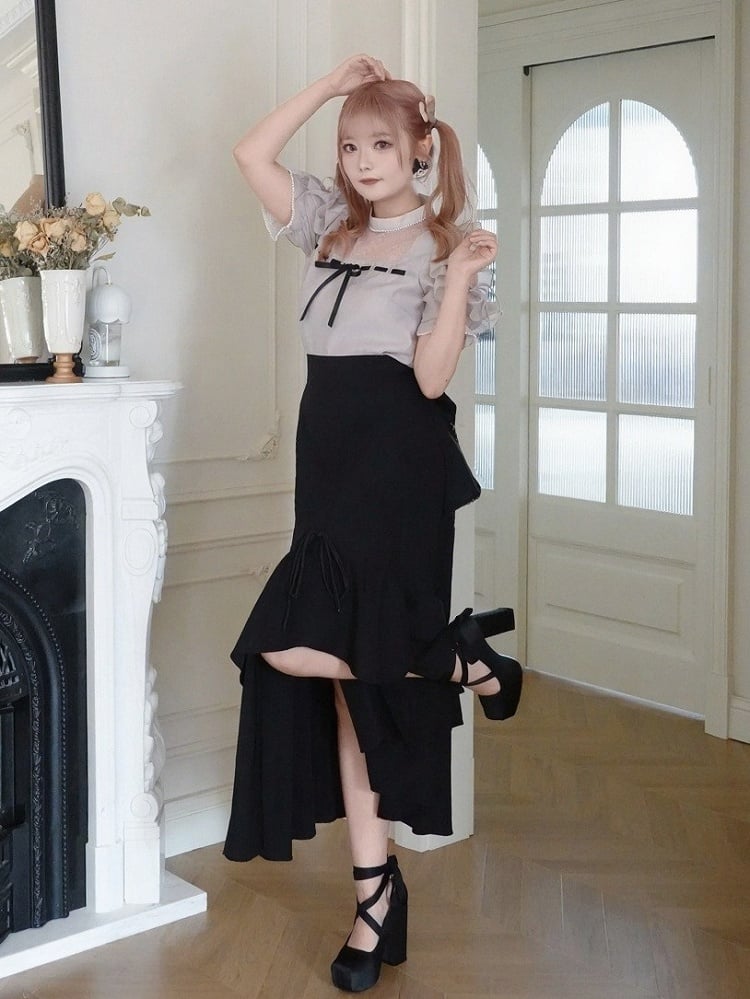Plus Size Dusty Pink Seiso-kei Cutout Shoulder Blouse with Tulle Panel and Ruffle Accents - Smyster