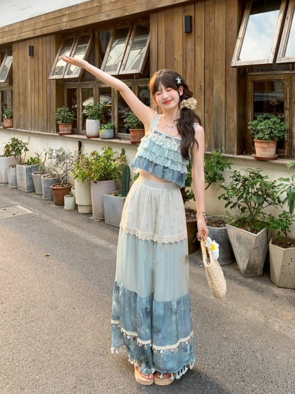 タッセルヘムシェルチャームワイドレッグホリデーパンツブルーカラーブロックデザイン