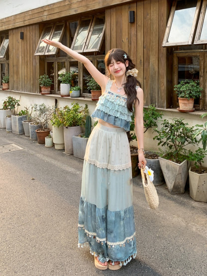 Blue Colorblock Design Tassel Hem Shell Charm Wide-Leg Holiday Pants