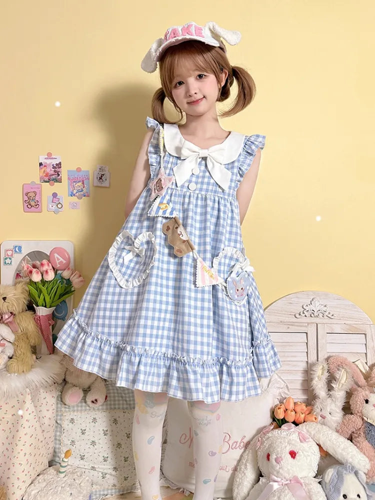 Blaue Taschen Herzförmiges süßes Kleid Bowknots Plaid Flatterärmel Licht