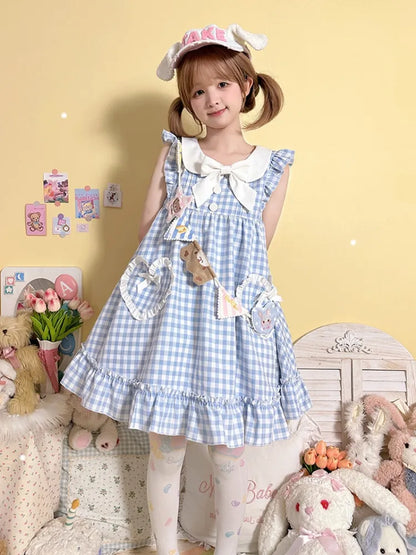 Blaue Taschen Herzförmiges süßes Kleid Bowknots Plaid Flatterärmel Licht