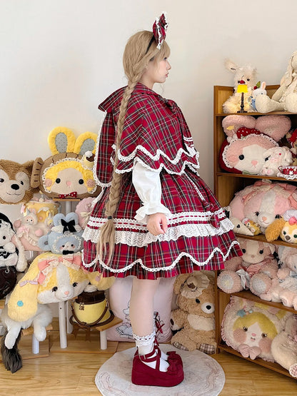 and Plaid Bunny Ears Red Cape Hooded with Petal-like Trim