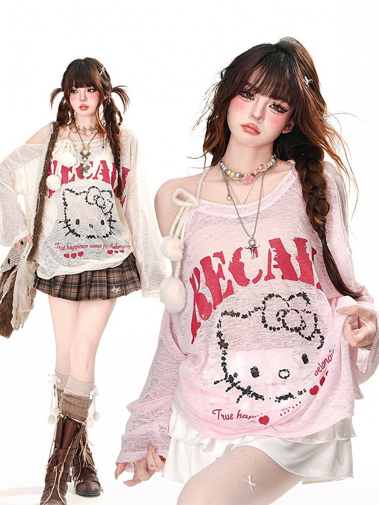 Halbtransparentes Sonnenschutz-Top mit Kätzchen-Print und Pompon-Akzenten in Rosa/Weiß mit asymmetrischem Ausschnitt