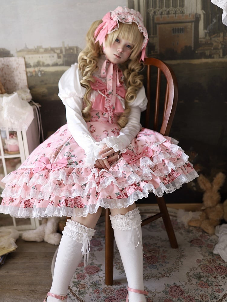 Trim Pink Floral Sweet Dress Lace Bow Lolita Accents Bunny and with Print