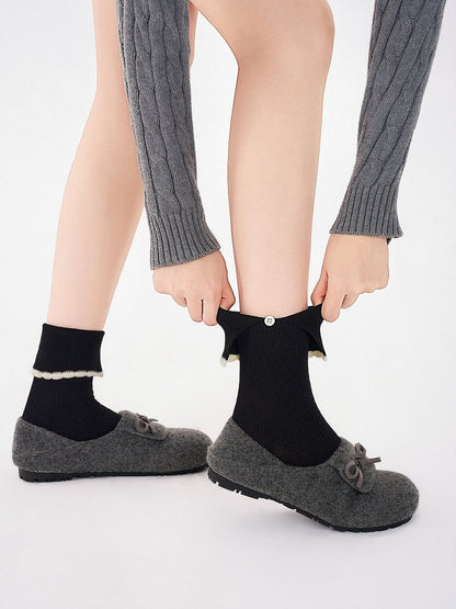 Button Detail 3-Color Socks Ankle with Knit Ribbed