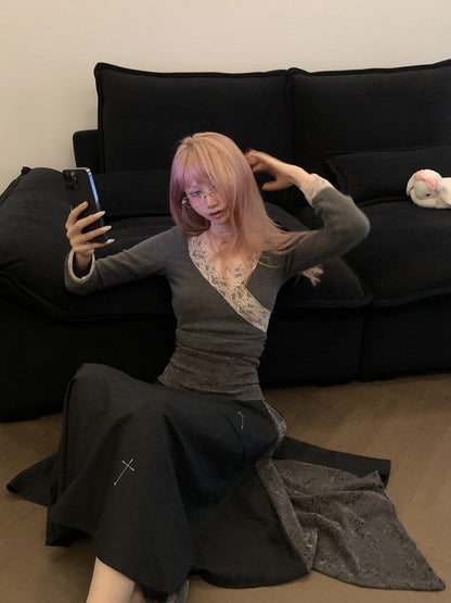 Lace Ankle-Length Cross Stitch Black/Dark Skirt with Gothic Gray Detailing Embroidered