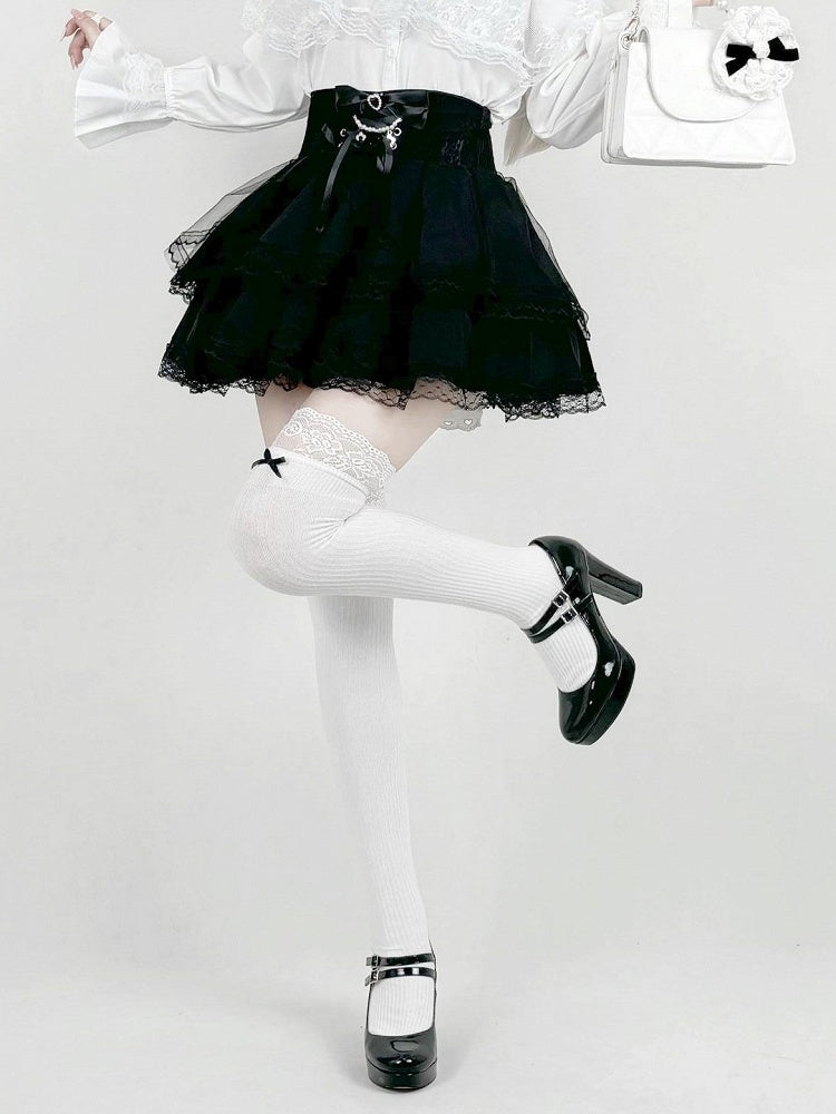 Jet Black High-Rise Skirt with Lace Hem - AMAHAKAWA
