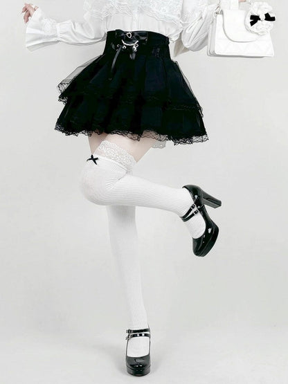Jet Black High-Rise Skirt with Lace Hem - AMAHAKAWA