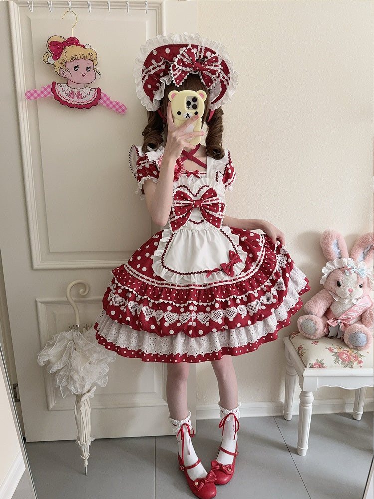 Red Dress Neckline Lolita White Short Polka Apron Sleeves Square Dots with