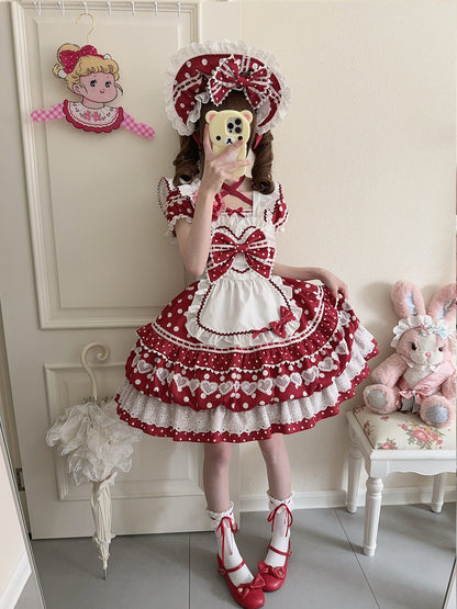 Red Dress Neckline Lolita White Short Polka Apron Sleeves Square Dots with