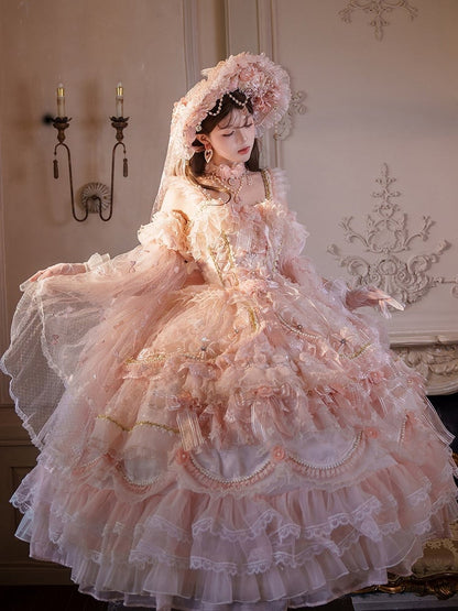 Gorgeous Lolita Length Sizes Chain and Hime Wedding Available Ankle Floral Dress Hanayome Bead Plus Pink