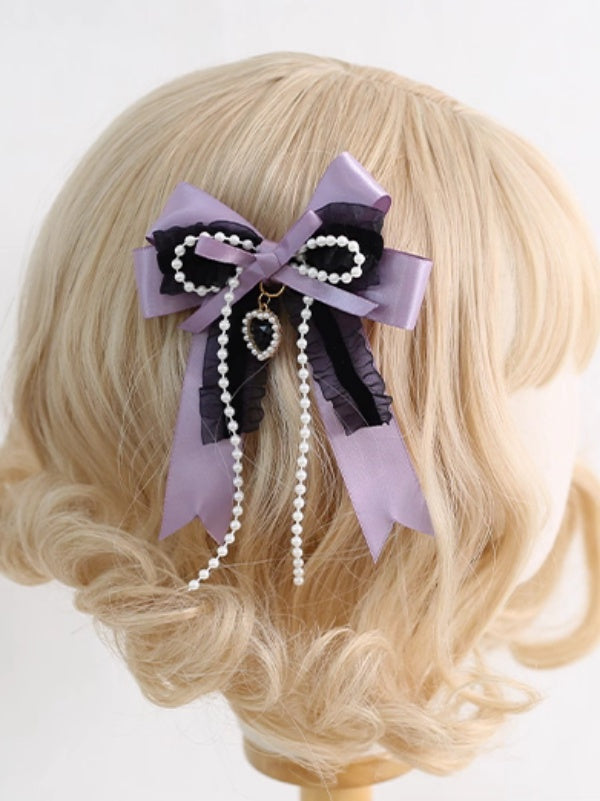 Black and Purple Lolita Bowknot Hairclip with Bead Chain and Heart Charm