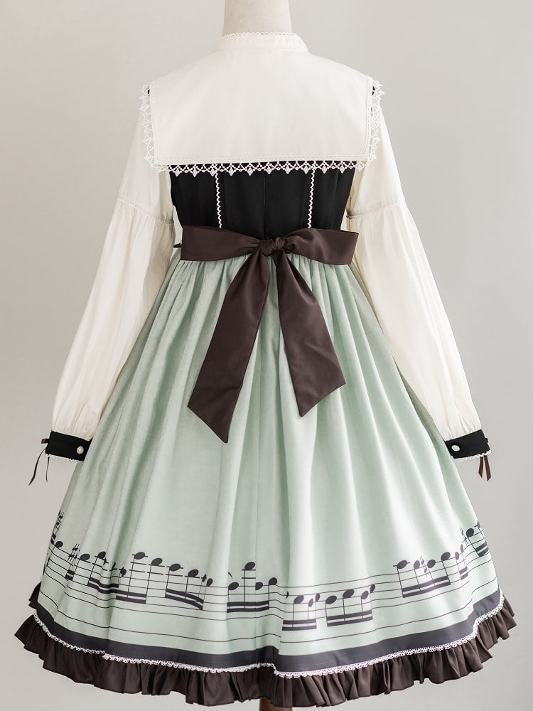 Musical Note Green Autumn Lolita Long Sleeves Dress with Separate Pointed Collar