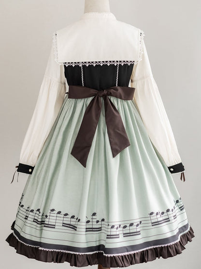 Musical Note Green Autumn Lolita Long Sleeves Dress with Separate Pointed Collar