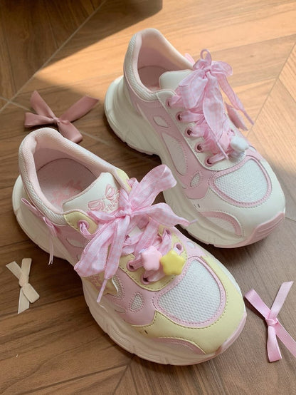 in Platform Pink Lolita Design Bow Plaid Lace-up Star Sweet Details Sneakers Yellow And
