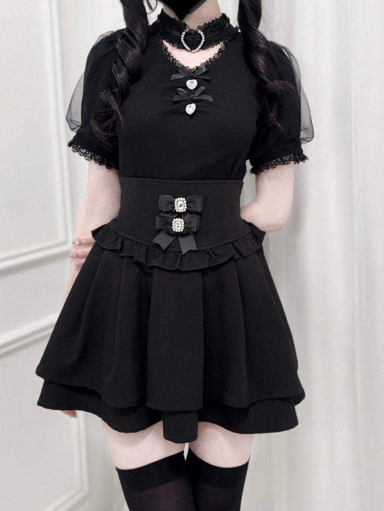 Jirai Kei Black Corset Waist Double-Layered Skirt with Detachable Bowknots
