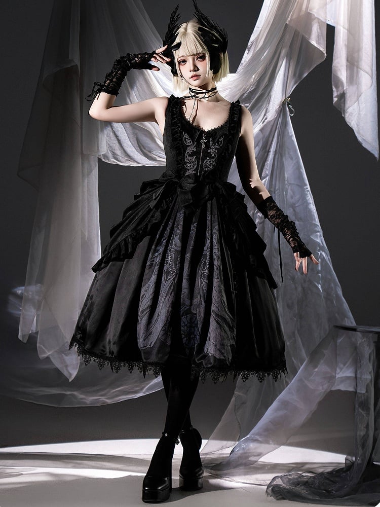 Grim Detachable Reaper and Print Bows Black Dress Waist at Scale Gothic with Lolita