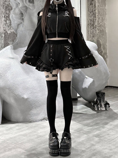 Matte Gothic Jirai-kei Black 2-Piece Set Cat Ear Hooded Cutout Shoulder Top + Shorts with Leg Garter - Bug Starting