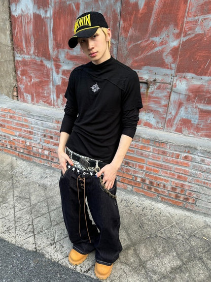 Unisex Black Cross-Collar Short-Sleeve Knitwear - DETW OnLine
