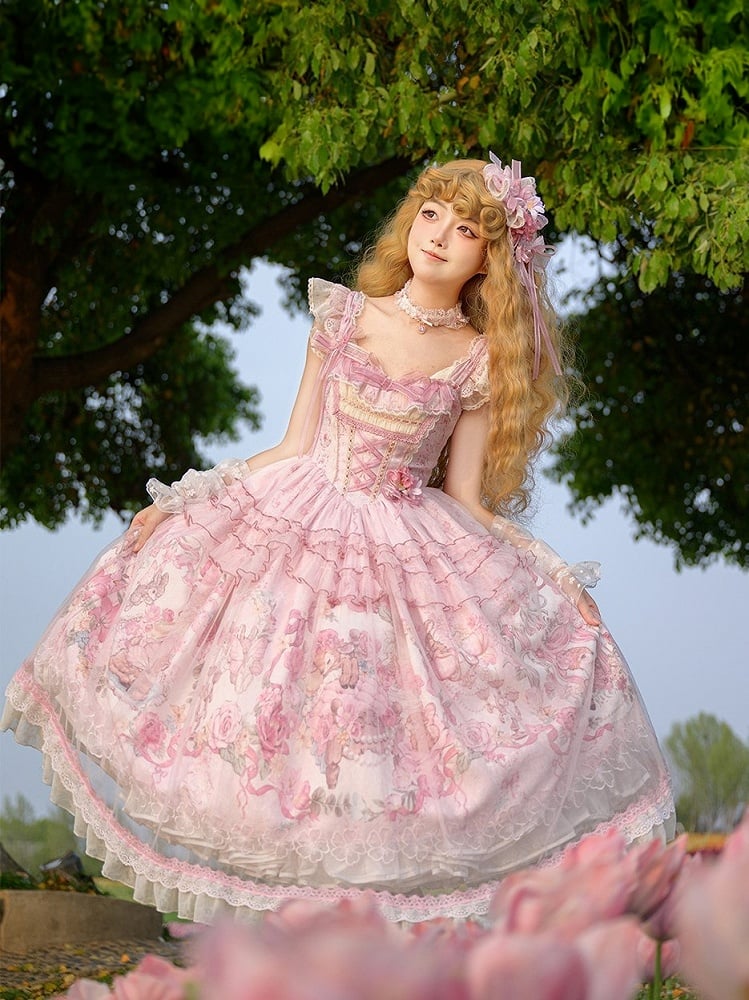Pink Deer & Floral Print Flutter Sleeves Sweet Lolita JSK Dress with Overlay - Honey Machine