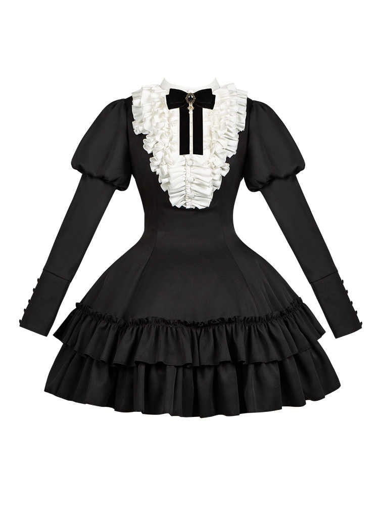 Robe Lolita amincissante noire à manches longues Juliette et corsage à volants blancs