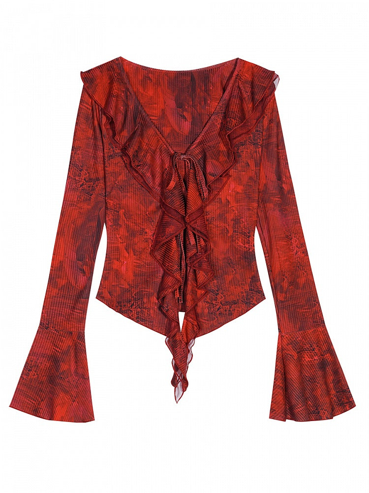 Sleeves Tie-Front Cardigan Ombre Bell Red Knit Ribbed with