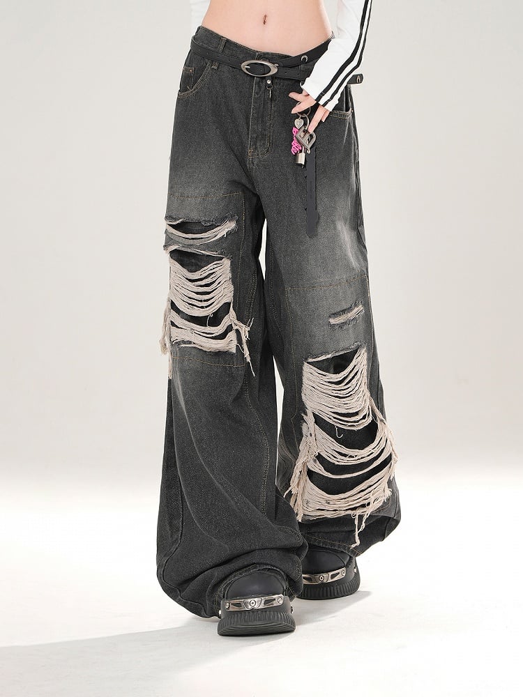 Vintage Black Wide-Leg Jeans with Distressed Detailing