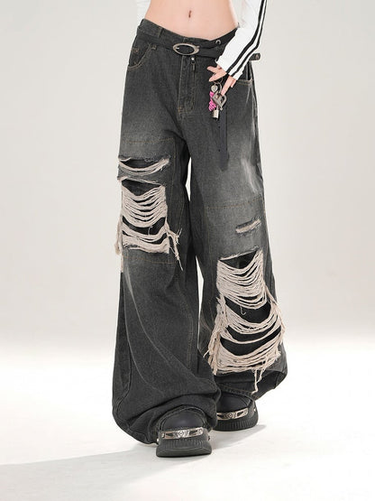 Vintage Black Wide-Leg Jeans with Distressed Detailing