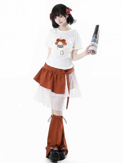 裾スカート オレンジ 伸縮性ウエスト レースパッチワーク アシンメトリー