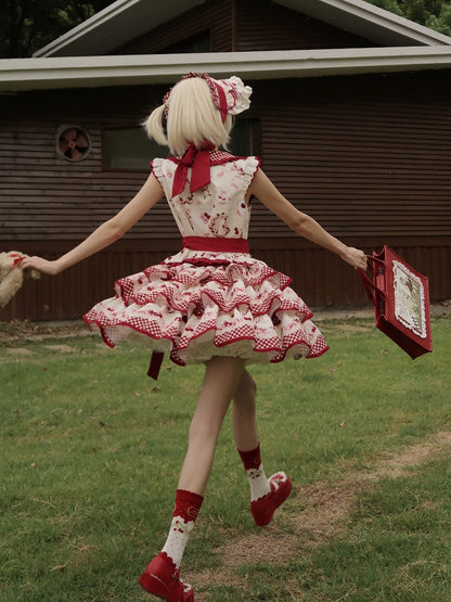 レッドギンガムチェックのピーターパンカラートップスとチェリー柄のティアードスカートセット