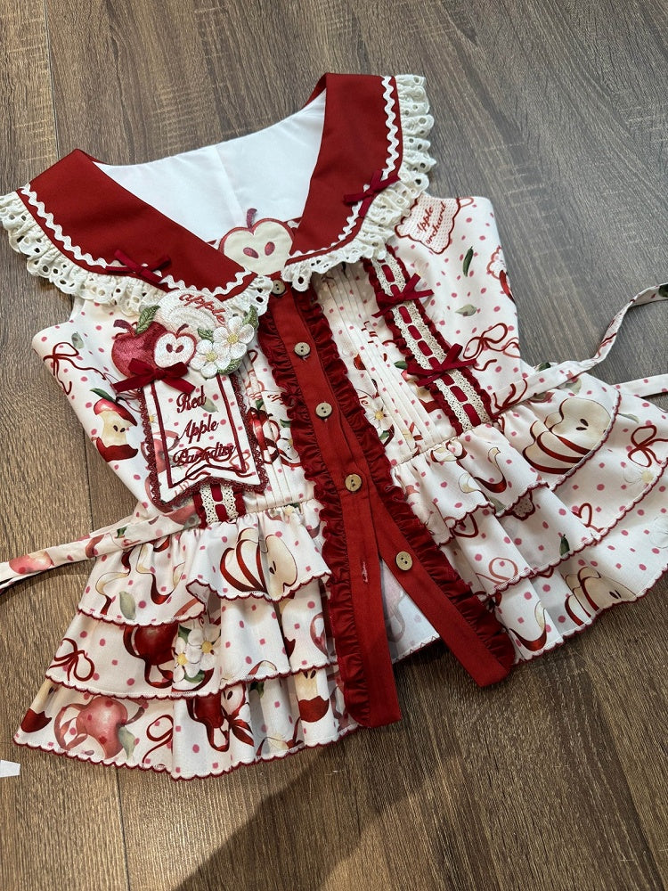 Cottagecore Red Apple Sleeveless Top Ruffle Bow Skirt Belt Set - A small milk candy
