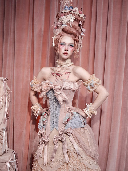 Strawberry Mousse Rococo Corset Top with Detachable Chest Bow and Shoulder Straps - Blood Supply