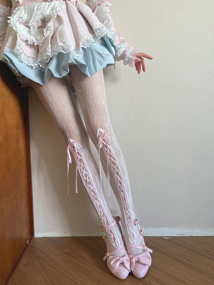 Muster Floral Weiß Design Hohl-out Strumpfhosen Schnürung Mit Rosa
