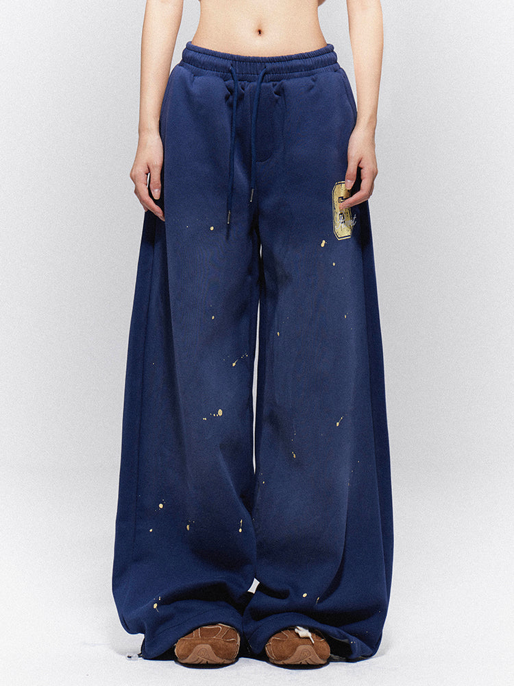 Vintage Blue Wide-Leg Sweatpants with Yellow '6' Print & Paint Splatter | J-Fashion