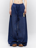 Vintage Blue Wide-Leg Sweatpants with Yellow '6' Print & Paint Splatter | J-Fashion