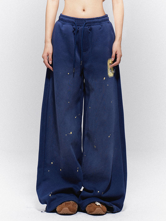'6' Sweatpants Wide-Leg Blue Vintage Paint Yellow Print with