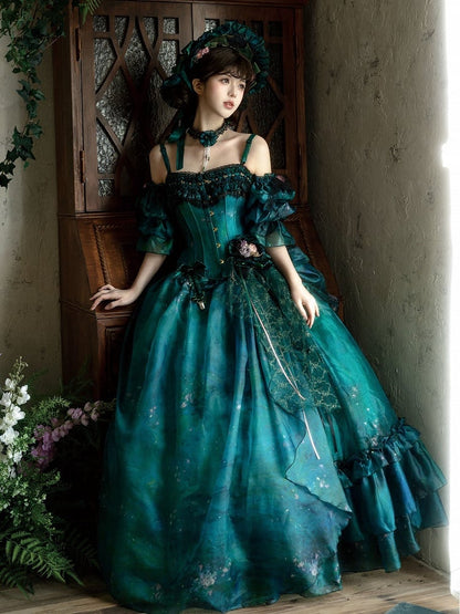 Grüner Waldfee-Lolita-Rock mit asymmetrischem Ölgemälde-Design und floraler Haarspange