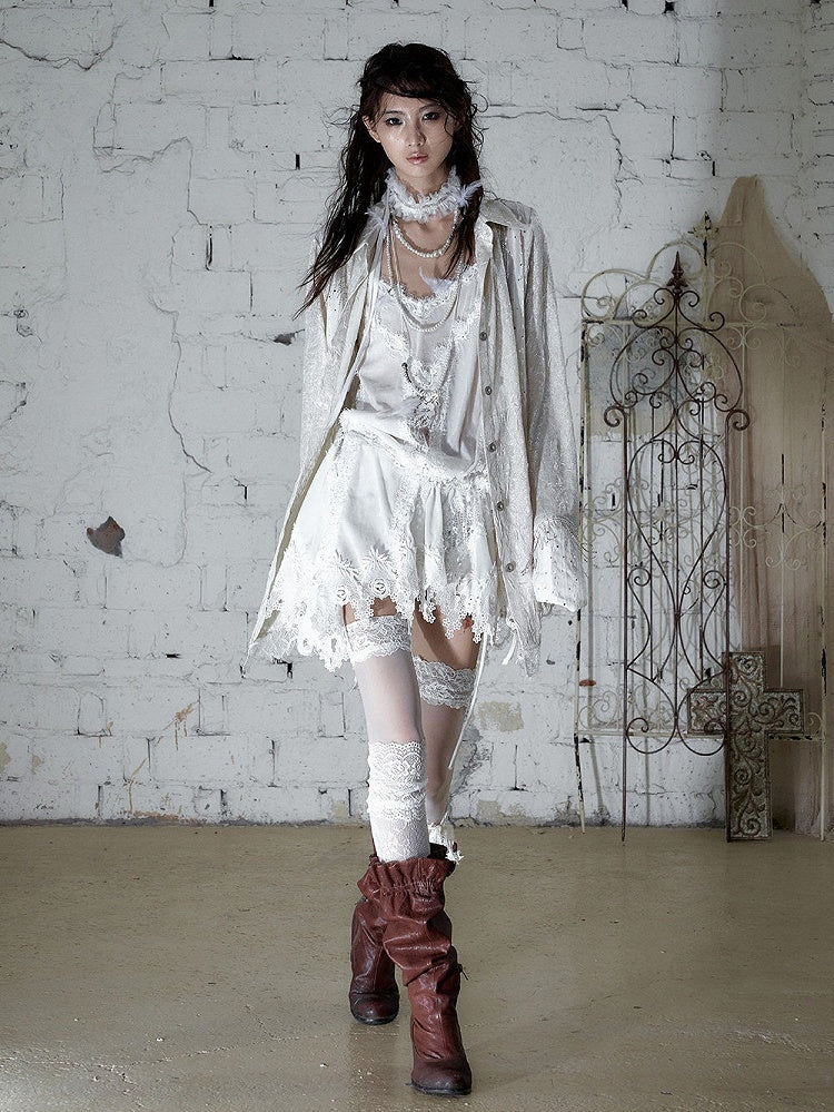 Beige Satin Lace-Trimmed Punk Shirt with Chain Accents