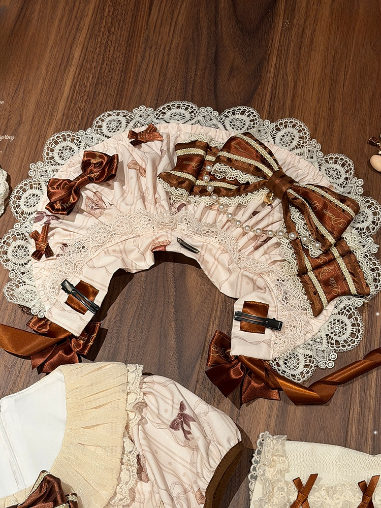 Sweet Bonnet Lace-Trimmed Bead Accents Bows Brown and with Lolita