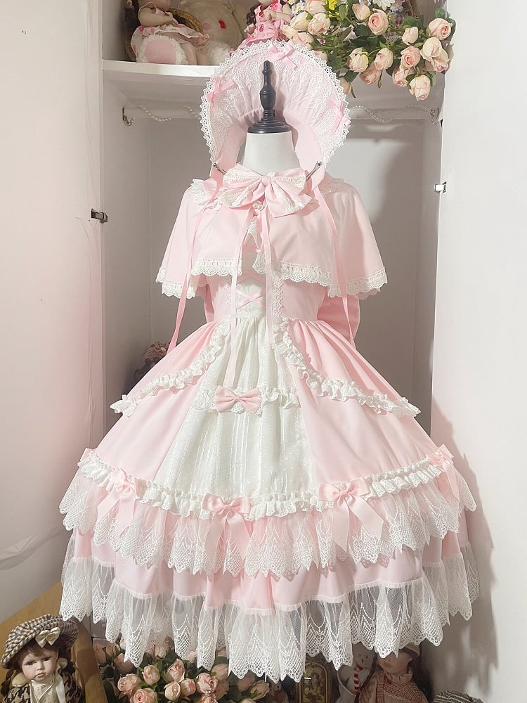 Rosa und weißes Old School Lolita Fashion Kleid Bowknot Detais Lolita JSK Set