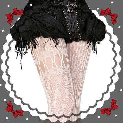 ブラック/レッド/ホワイトハート柄アシンメトリーフィッシュネットタイツ